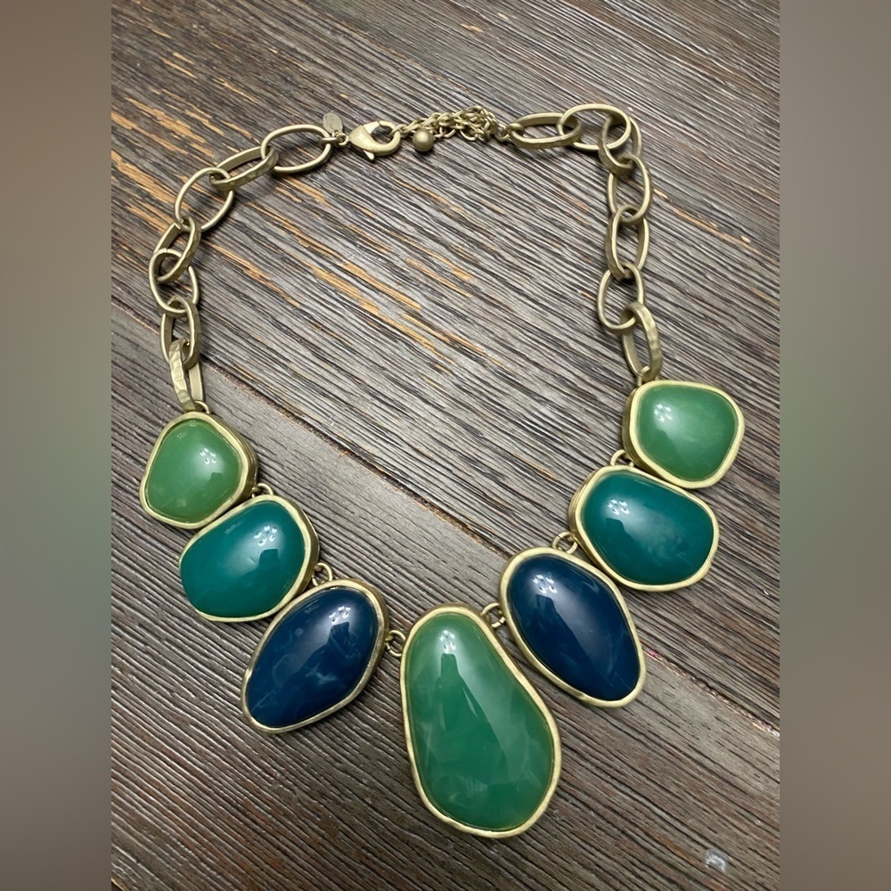 Chico's Green & Blue Faux Stone Fashion Statement Necklace Gold Tone Signed!